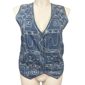 Vintage Agapo Collection Denim Embroidered Vest Medium Western Boho Cotton